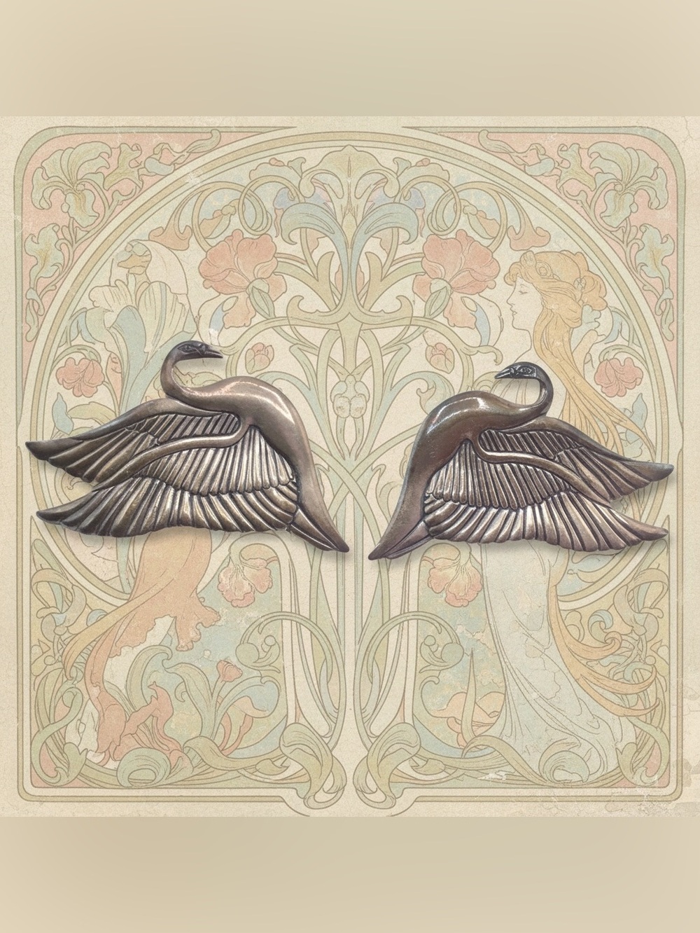 Vintage Sterling Silver Swan Earrings, Bird Jewelry, Art Deco Style Earrings